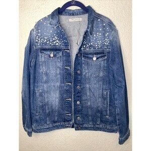 Mavi Blue Denim Jacket with Pearl Stud Accents